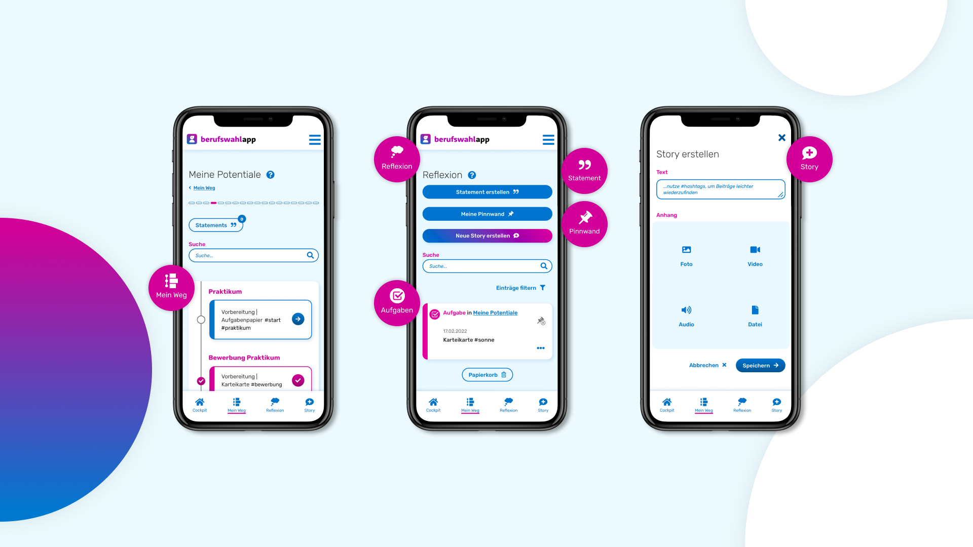 Three smartphones with the user interface of the berufswahlapp open, displayed against a light background. The screens show different features of the app: