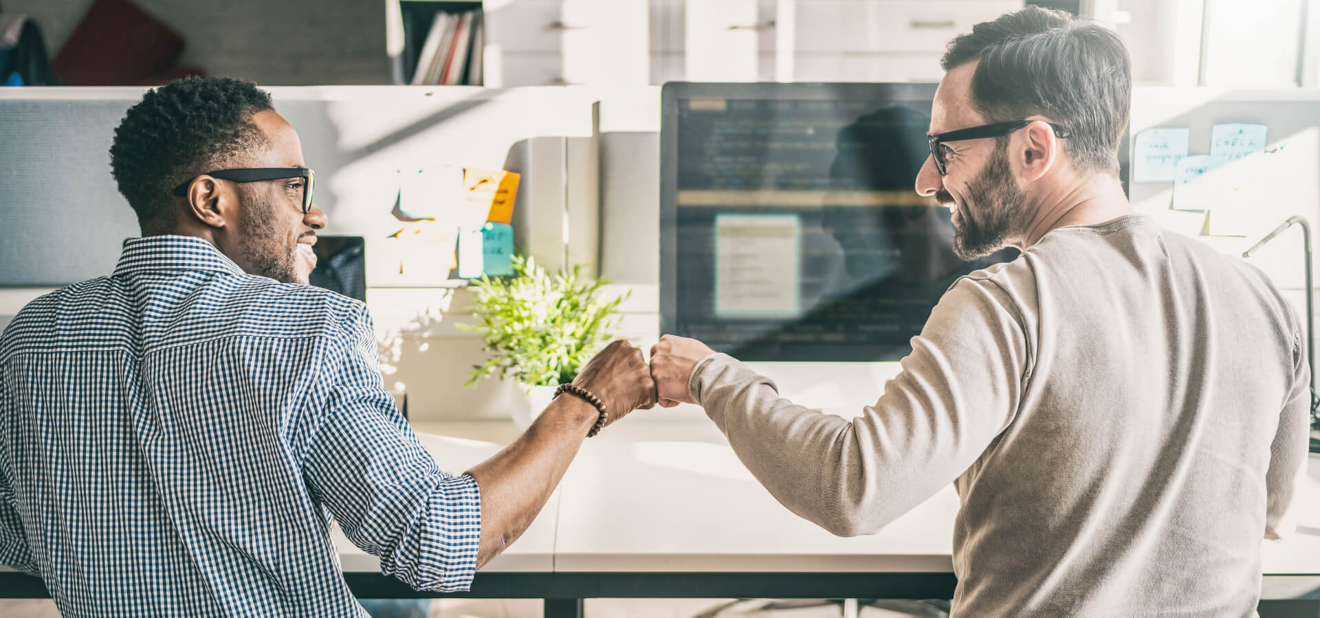 two men, both wearing glasses, sitting side by side at desks in a bright, modern office space. They are smiling and giving each other a fist bump, suggesting a moment of celebration or camaraderie | accessibility digital SUNZINET